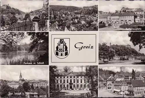 AK Greiz, Puschkinplatz, Rathenauplatz, Sommerpalais, Parksee, gelaufen 1961