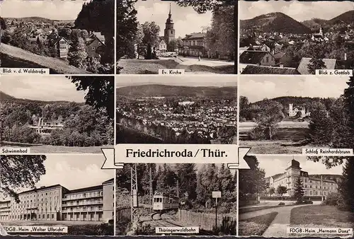 AK Friedrichroda, Schwimmbad, Kirche, Schloß, FDGB Heime, gelaufen 1957