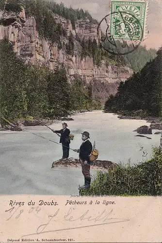 CPA Rives du Doubs, Pecheurs a la ligne, gelaufen 1904