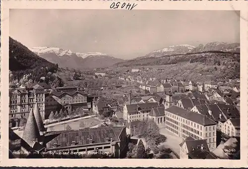 AK Feldkirch, Volkshalle, Stadtansicht, Schweizer Berge, ungelaufen