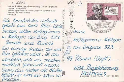 AK Masserberg, Erholungsheim Jenaer Glaswerk Schott, Kurpark, Ernst Thälmann Straße, gelaufen 1977