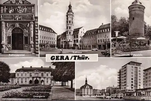 AK Gera, Terrassencafe, Straße der Republik, Rathaus, gelaufen 1975