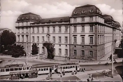 AK Darmstadt, Schloß, Straßenbahn, Handstrickapparate, gelaufen 1959