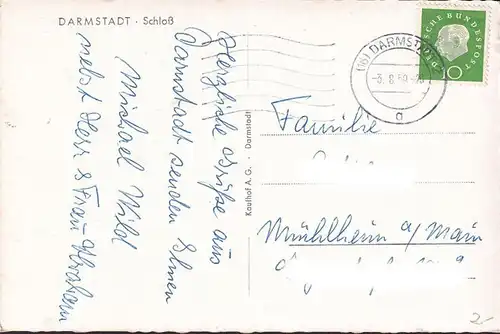 AK Darmstadt, Schloß, Straßenbahn, Handstrickapparate, gelaufen 1959