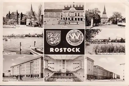 AK Rostock, Ständehaus, Schwimmbad, Rathaus, Straßenbahn, ungelaufen