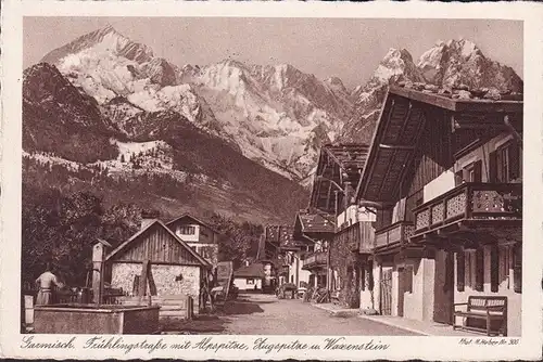 AK Garmisch, Frühlingstraße mit Alpspitze, Zugspitze und Waxenstein, gelaufen 1935