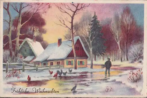 AK Joyeux Noël, Maison enneigée, Poules, Poste de campagne, couru 1940