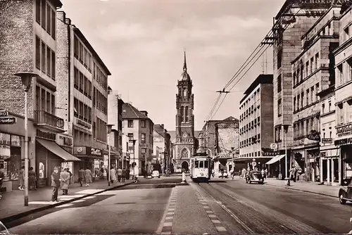 AK Krefeld, Rheinstraße, Straßenbahn Fischeln, Apotheke, VW Käfer, gelaufen 1959