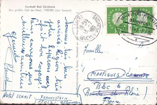 AK Bad Dürkheim, Das größte Faß der Welt, Bahnpost, gelaufen
