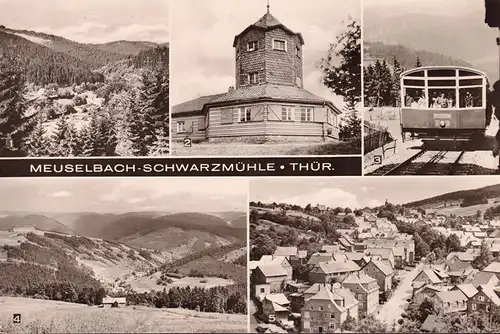 AK Meuselbach, Aussichtsturm, Gaststätte, Bergbahn, Stadtansicht, gelaufen