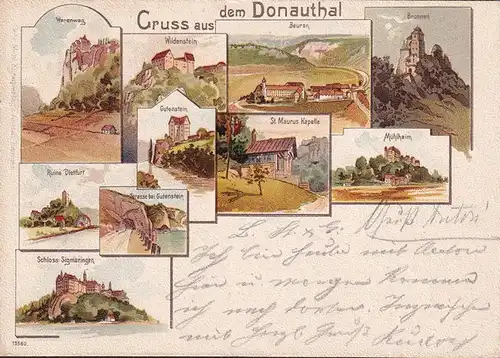 AK Gruss aus dem Donautal, Beuron, Wildenstein, Werenwag, Dietfurt, Litho, gelaufen 1899