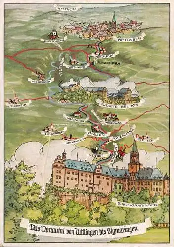 AK Danubetal de Tuttlingen à Sigmaringen, carte de sac à dos, incurvée