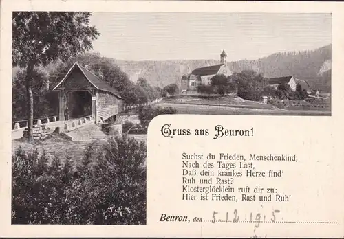 AK Gruss aus Beuron, Stadtansicht, Brücke, gelaufen 1915