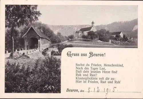 AK Gruss de Beuron, vue de la ville, pont, couru en 1915