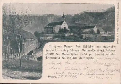 AK Gruss aus Beuron, Stadtansicht, Brücke, gelaufen