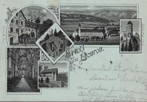 AK Gruss aus Beuron, Schloss Bronnen, Kirche, Kapelle, Mondschein, gelaufen 1898