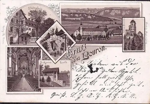 AK Gruss aus Beuron, Schloss Bronnen, Kirche, Klosterpforte, Bahnpost, gelaufen 1897