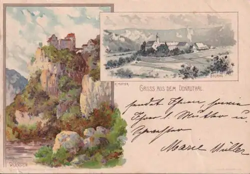 AK Gruss aus dem Donautal, Beuron, Schloss Wildenstein, gelaufen 1900