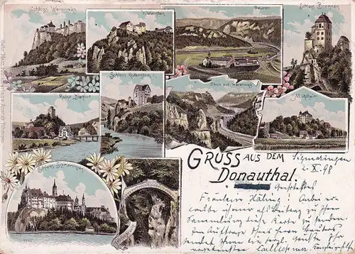 AK Gruss aus dem Donautal, Schloss Wildenstein, Schloss Werenwag, Schloss Bronnen, gelaufen 1898