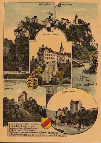 AK Gruss aus dem Donautal, Schloss, Sigmaringen, Wildenstein, Werenwag, Gutenstein, gelaufen 1909