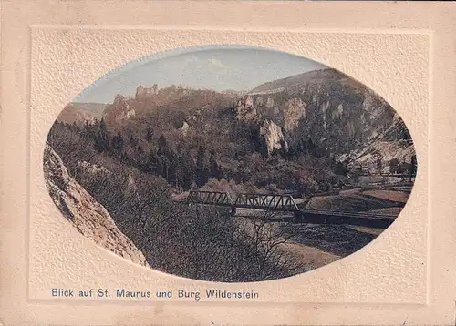 AK Beuron, Blick auf Sankt Maurus und Burg Wildenstein, Passepartout, gelaufen 1916