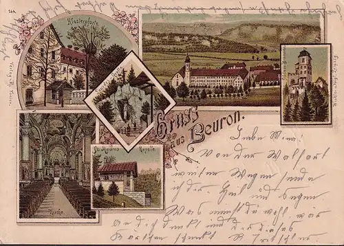 AK Gruss aus Beuron, Klosterpforte, Kirche, Kapelle, gelaufen 1906