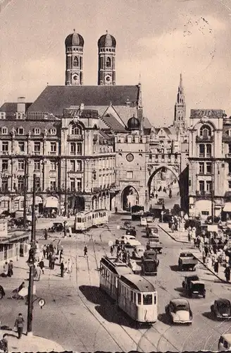 AK München, Karlsplatz, Straßenbahnen, gelaufen 1957