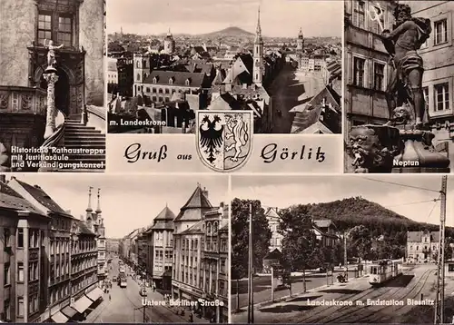 AK Görlitz, Rathaustreppe, Neptun, Untere Berliner Straße, Landeskrone, gelaufen 1967
