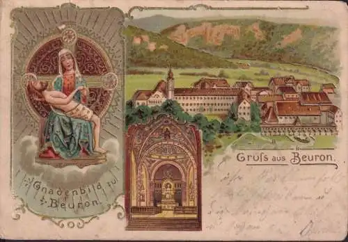 AK Gruss aus Beuron, Stadtansicht, Kloster, Gnadenbild, Präge AK,  gelaufen