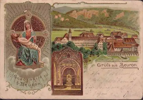 AK Gruss de Beuron, vue de ville, monastère, image de grâce, le glaive Ak, couru
