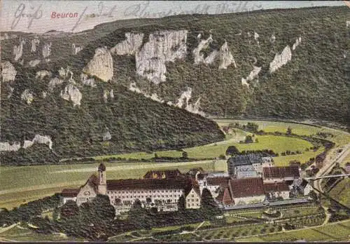 AK Beuron, Stadtansicht mit Kloster, Präge, Struktur AK, gelaufen 1907