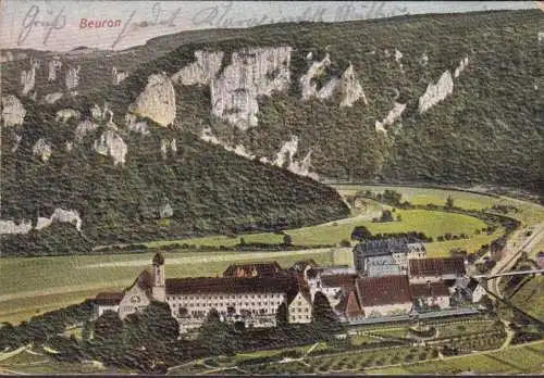 AK Beuron, Stadtansicht mit Kloster, Präge, Struktur AK, gelaufen 1907