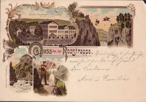 AK Gruss de la Rossstrappe, Hotel Rosstrappe , pont du diable, couru 1899