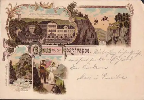 AK Gruss von der Rossstrappe, Hotel Rosstrappe, Teufelsbrücke, gelaufen 1899