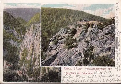 AK Thale, Rosstrappenfelsen mit Königsruh, gelaufen 1902