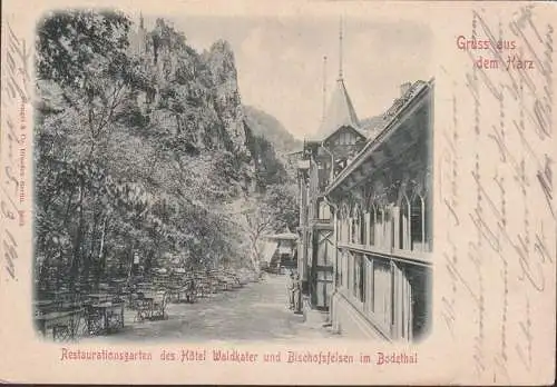 AK Gruss aus dem Harz, Hotel Waldkater, Restaurationsgarten, Bahnpost, gelaufen 1901
