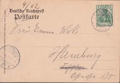 AK Bodetal, Hotel Königsruhe mit Rosstrappenfelsen, gelaufen 1902