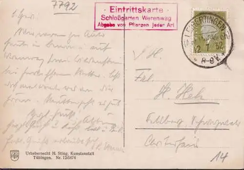 AK Donautal, Schloss Werenwag, Gartenpartie, Eintrittskarte, gelaufen 1932