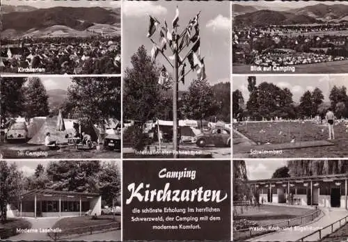 AK Kirchzarten, Camping, Lesehalle, Fahnenmast, Schwimmbad, gelaufen 1961