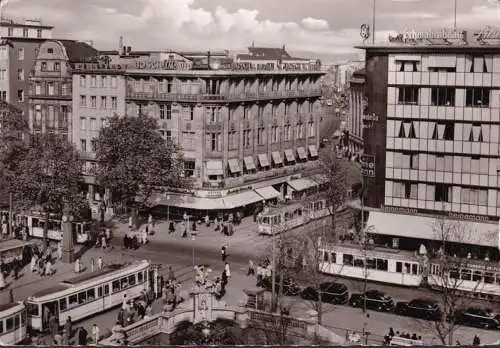 AK Düsseldorf, Corneliusplatz, Schadow Straße, Bosch, Schwabenbräu, Straßenbahnen, gelaufen 1961