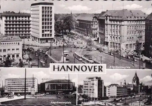 AK Frankfurt, Aegidientorplatz, Telefunken, Apotheke, Straßenbahn, gelaufen 1958