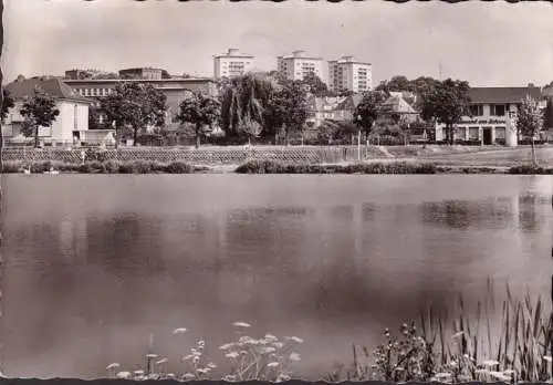 AK Giessen, Schwanenteich, Hochhäuser, gelaufen 1956