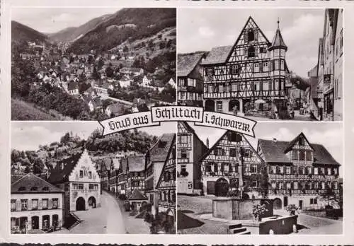 AK Schiltach, Drogerie, Restaurant zum Adler, Gasthaus zur Sonne, Brunnen, gelaufen 1957