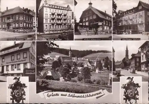 AK Schönwald, Gasthof Falken, Hotel Adler, Hotel Hirschen, Kurhaus Victoria, Gasthof Landpost, gelaufen 1955
