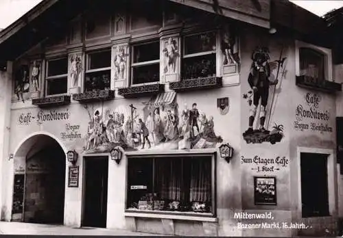 AK Mittenwald, Bozener Markt, Cafe und Konditorei, Weinstuben, gelaufen