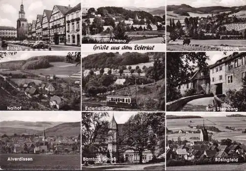 AK Extertal, Extertalbahn, Bäckerei Rauter, Burg Steinberg, Bösingfeld, gelaufen 1968