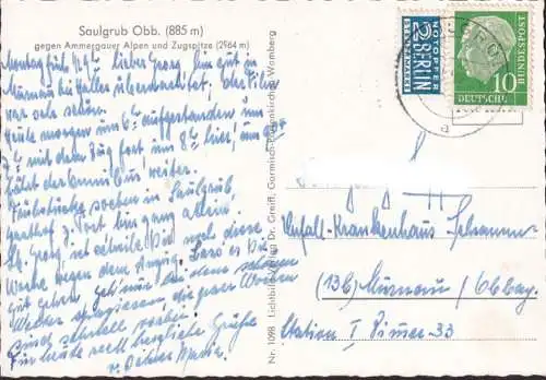 AK Saulgrub gegen Ammergauer Alpen und Zugspitze, gelaufen 1952
