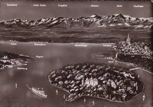 AK Insel Mainau, Meersburg, Hagnau, Konstanz, gelaufen 1954