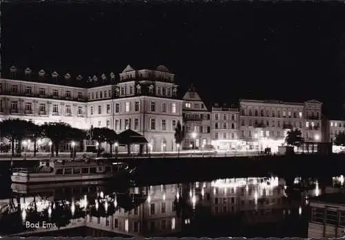 AK Bad Ems, Staatliches Kurhaus und Hotel bei Nacht, Schiff Lahnstolz, ungelaufen