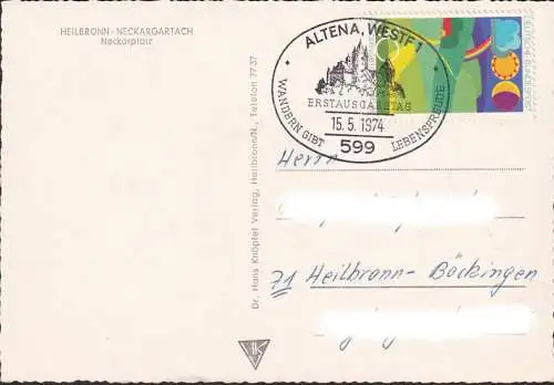 AK Heilbronn, Neckarplatz, remorqueur Neckar V, bateau Mannesmann, timbre du premier jour 1974, non couru